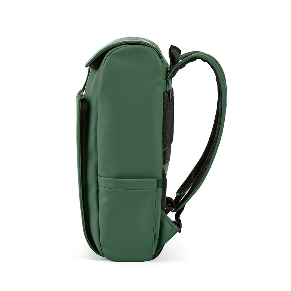 A green backpack with a smooth finish, featuring padded straps and a side pocket. It includes a branding logo.