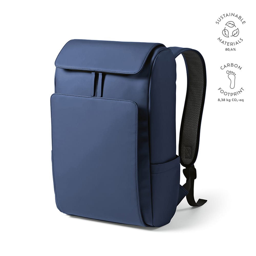 A navy backpack with a sleek design, featuring a front pocket and a logo, made from sustainable materials.