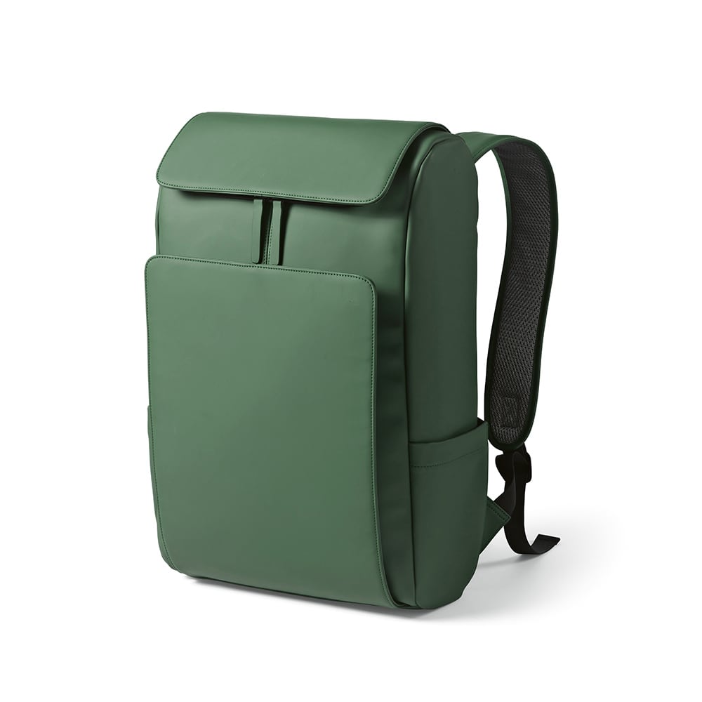 A green backpack with a sleek design, featuring a front pocket and adjustable straps. It has a branding logo.