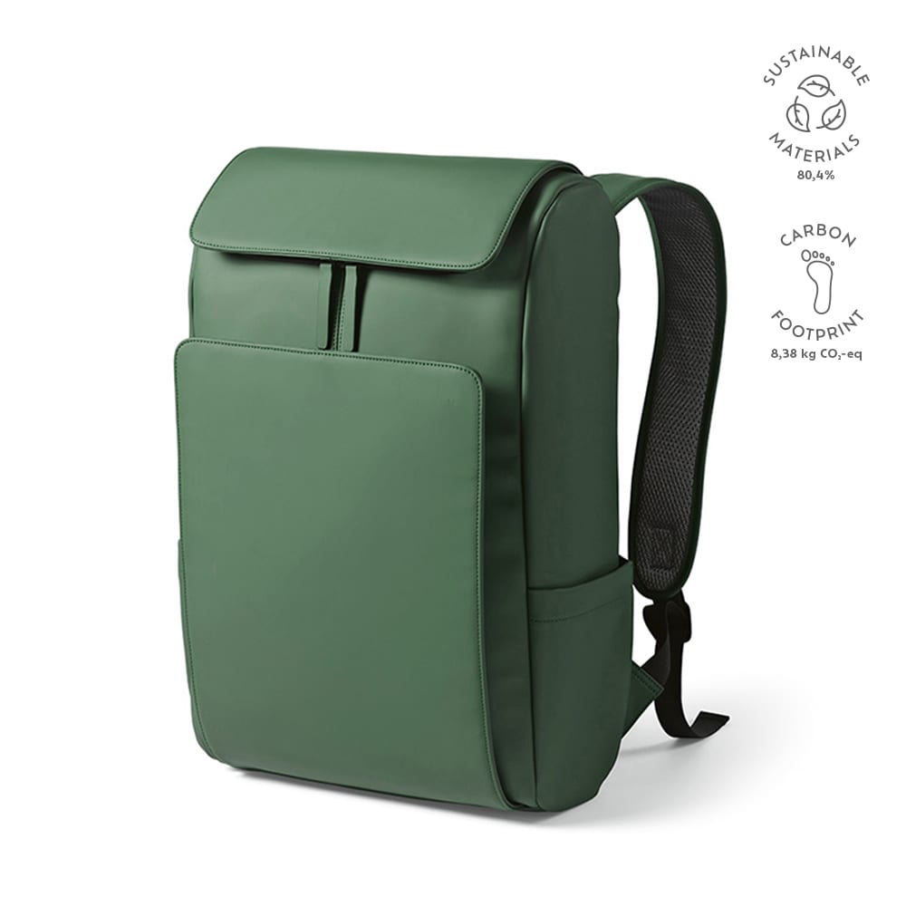 A green backpack with a sleek design, featuring a front pocket and padded straps. It has a logo on the side.