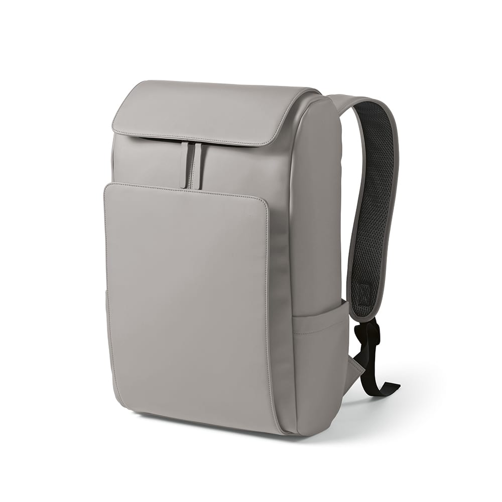 A grey backpack with a sleek design, featuring a front pocket and padded straps, designed to fit a 15.6" laptop.