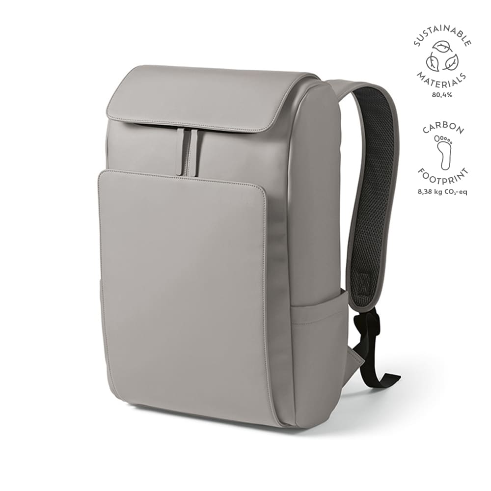 A light grey backpack with a sleek design, featuring a front pocket and a logo. Suitable for a 15.6" laptop.