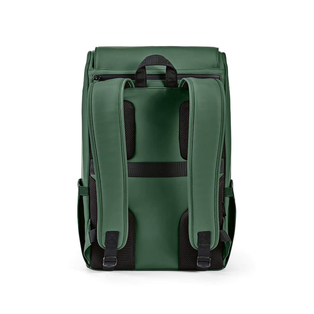 A green Lisbon Backpack with padded straps, featuring a sleek design and a logo on the front.