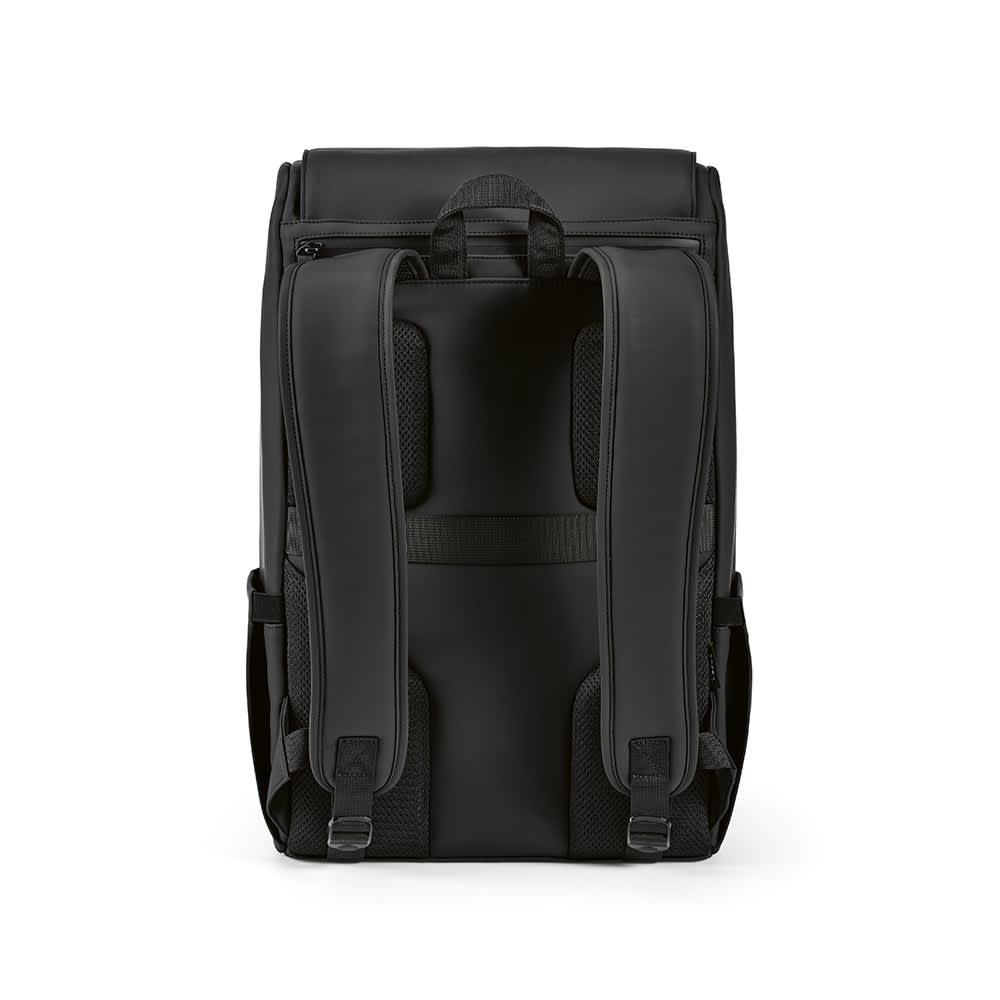A black backpack with padded shoulder straps and a sleek design, featuring a logo on the front.