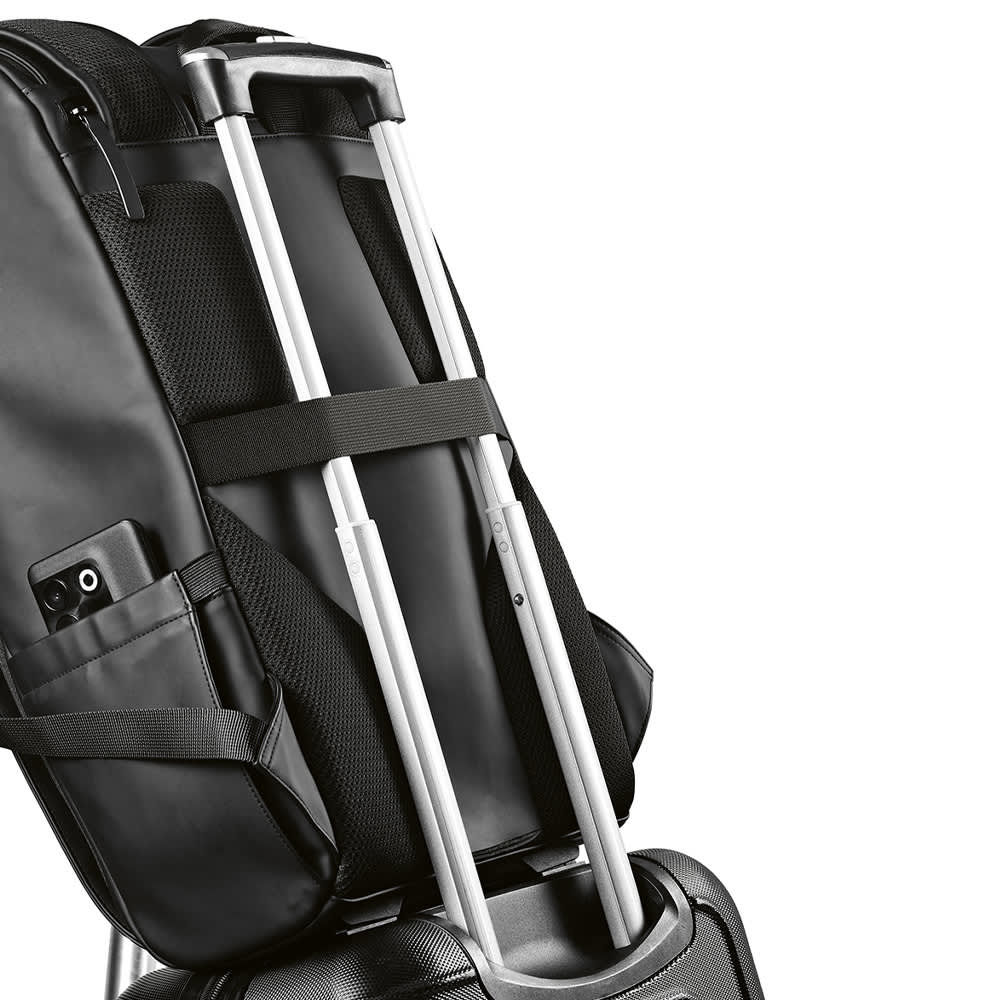 A black backpack featuring adjustable straps and a pocket for a device, with a retractable handle.