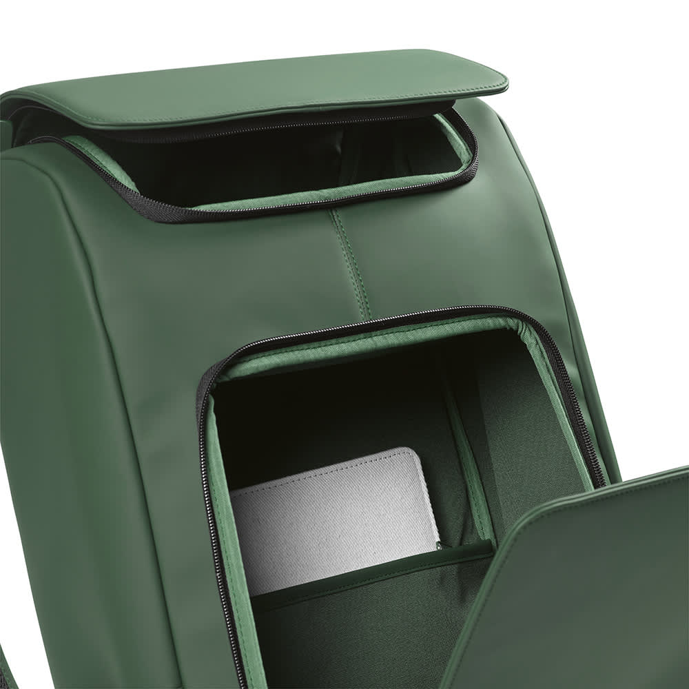 A green backpack with multiple compartments, including space for a 15.6" laptop. It has a logo on the exterior.