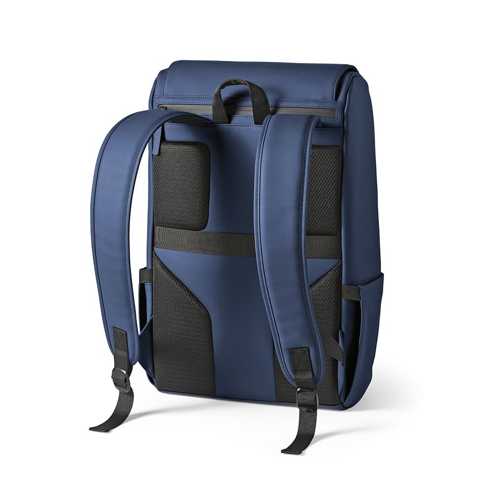 A navy backpack with padded shoulder straps and a textured back panel, featuring various pockets. It has a logo.