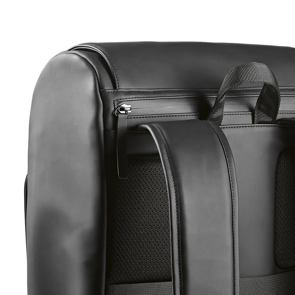 A black backpack featuring padded straps and a zippered compartment, suitable for a 15.6" laptop, with branding.