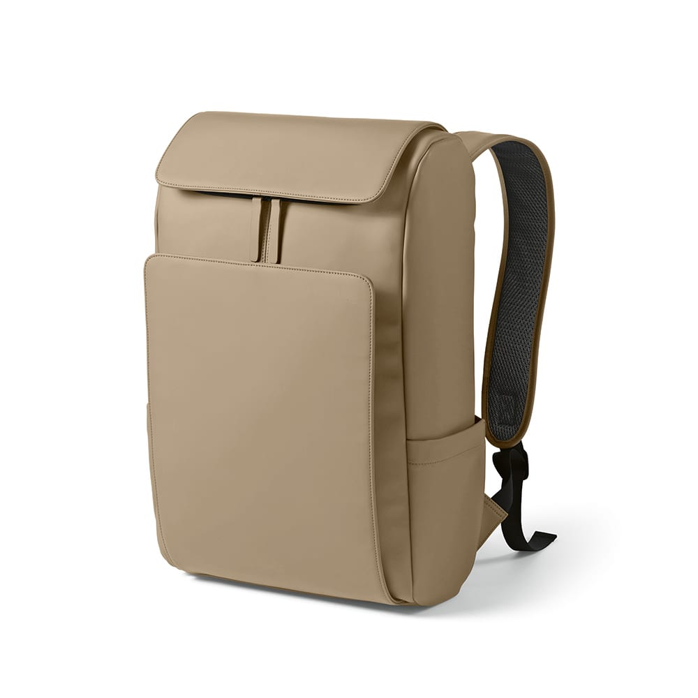 A beige backpack featuring a front pocket, suitable for a 15.6" laptop, with a padded back and adjustable straps.