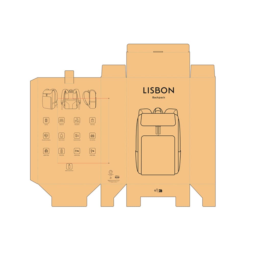 A minimalistic orange cardboard packaging design for the Lisbon Backpack, featuring illustrations and icons.