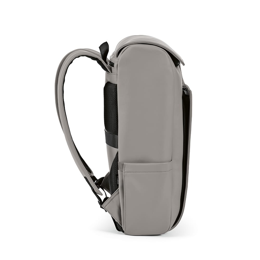 A grey backpack with a sleek design, featuring padded straps and a side pocket. It accommodates a 15.6" laptop.