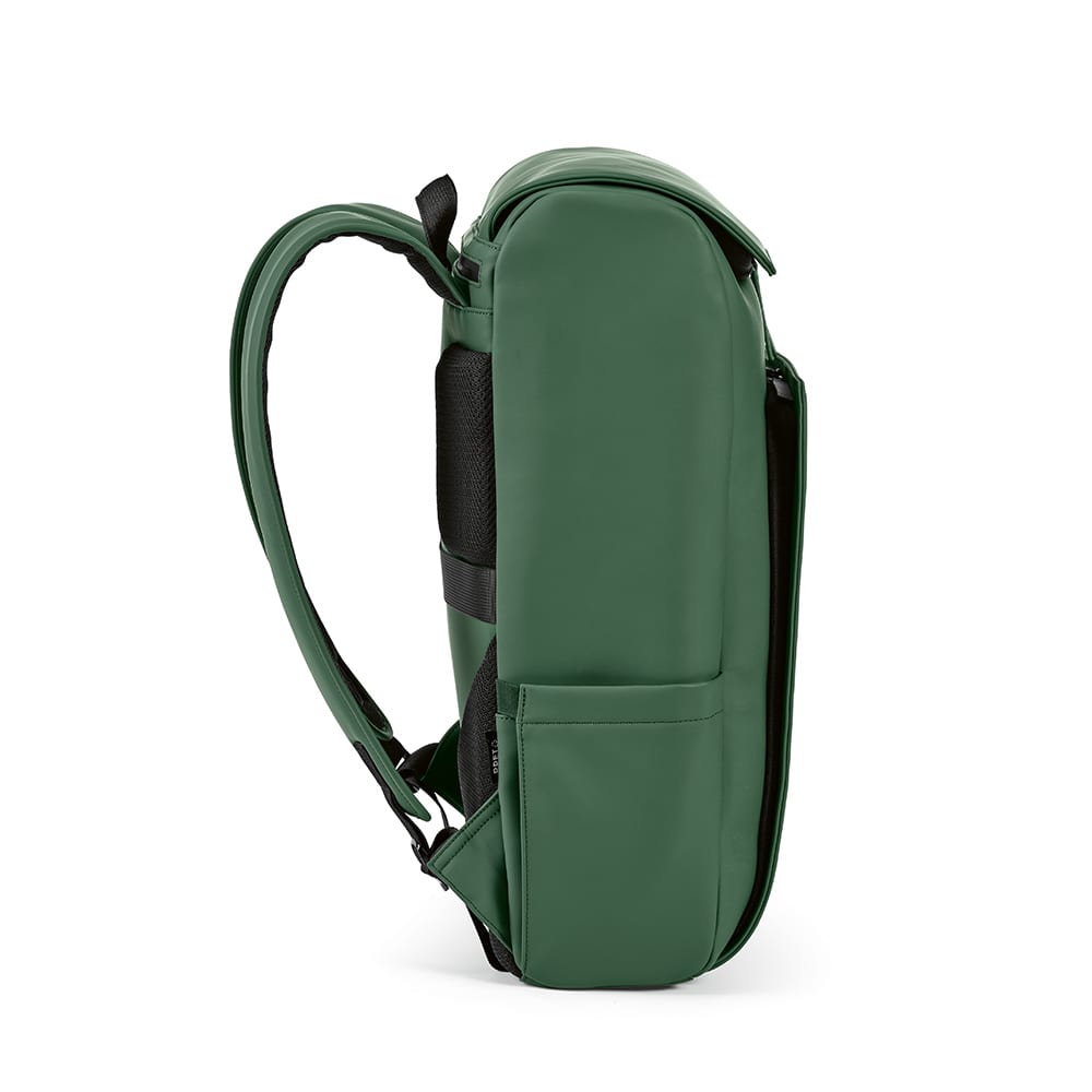 A green backpack with a sleek design, featuring adjustable straps and side pockets, suitable for a 15.6" laptop.