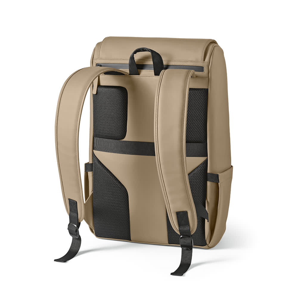 A beige backpack with black accents, featuring padded shoulder straps and a sleek design, equipped with a logo.