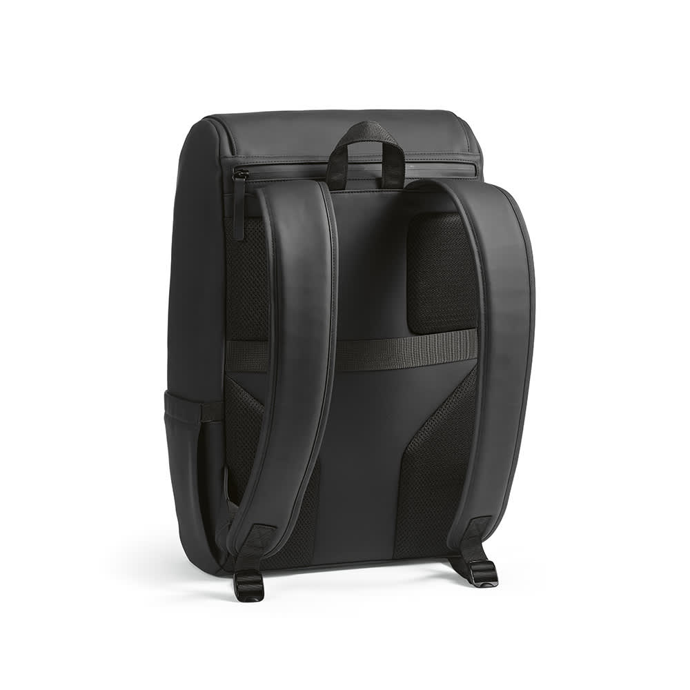 A black backpack with padded straps and a sleek design, featuring a logo and space for a 15.6" laptop.