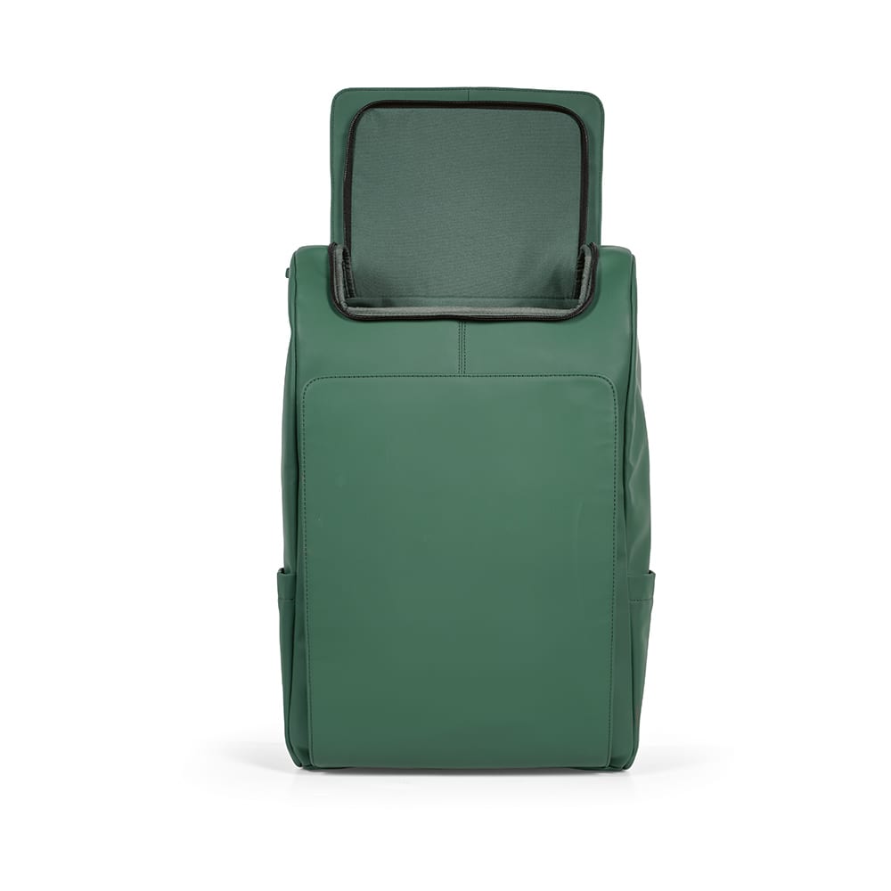A green backpack with a spacious top opening, featuring a front pocket and side pouches. Includes a logo.