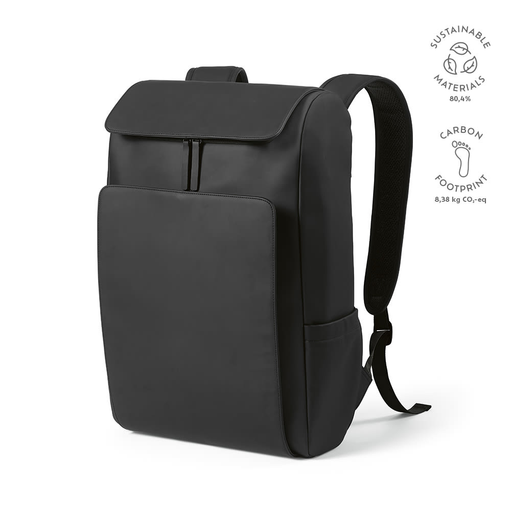 A black backpack designed to hold a 15.6" laptop, featuring a front pocket and adjustable straps. Includes a logo.