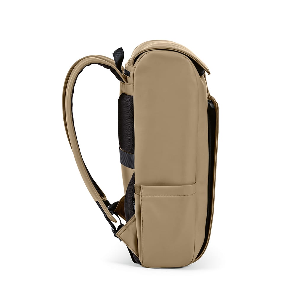 A beige backpack with a sleek design, featuring adjustable straps and a side pocket. It has a logo on the front.