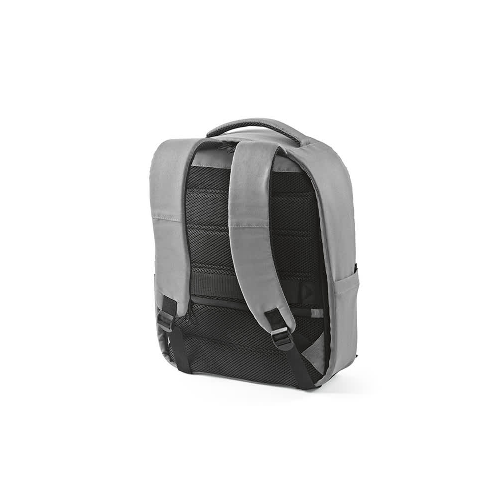 A grey and black backpack with adjustable straps, featuring a mesh back panel and side pockets. It has a logo.