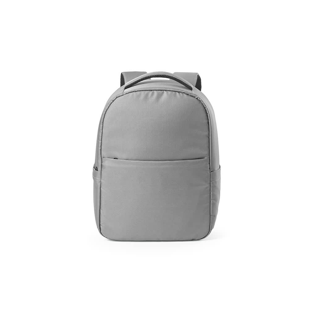 A grey backpack with a front pocket, designed to fit a 17" laptop. It features shoulder straps and has a logo.