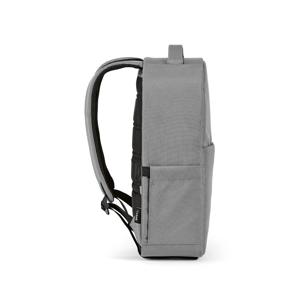 A grey backpack with a front pocket, designed to fit a 17" laptop, featuring adjustable straps and a logo.