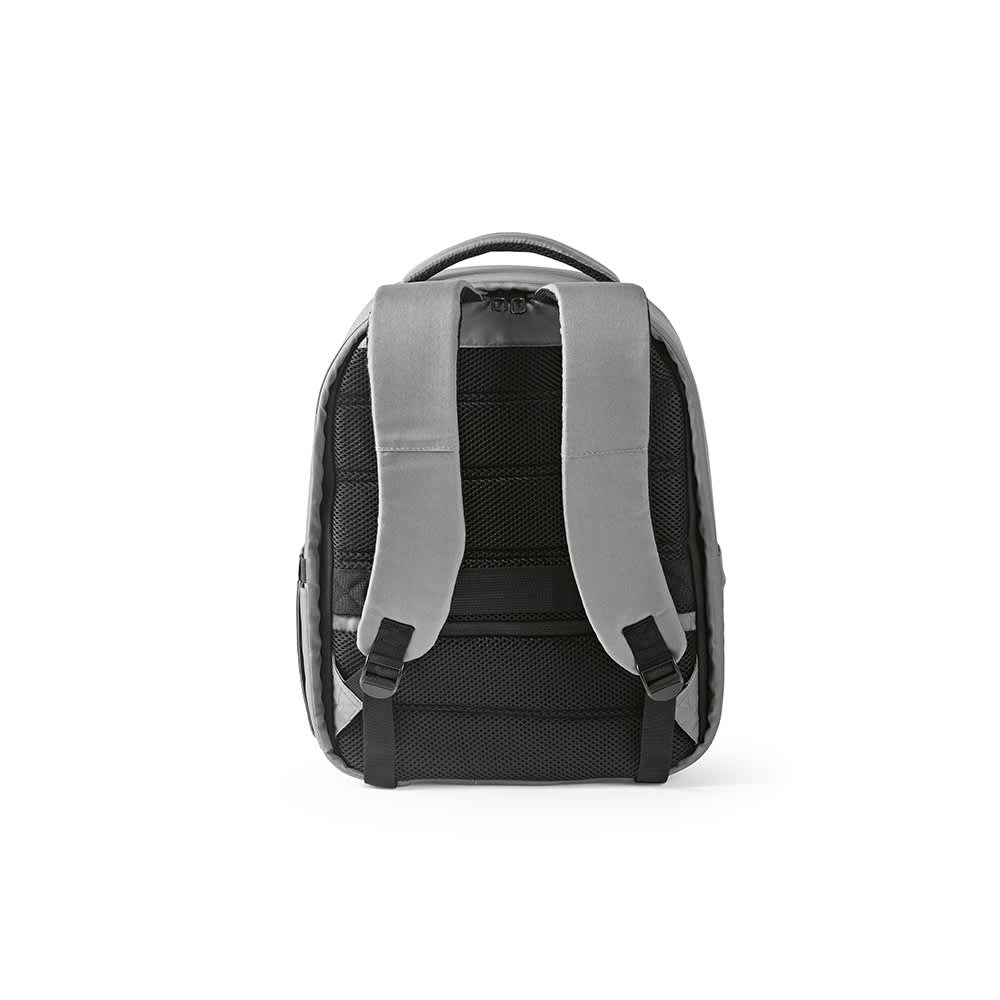 A grey and black backpack with padded shoulder straps and a mesh back panel, featuring a logo.