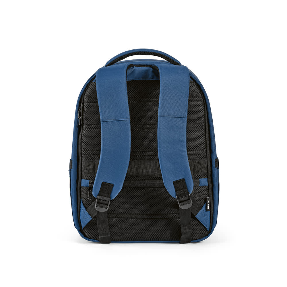 A blue and black backpack with padded shoulder straps and a zipped front pocket. It includes a logo.