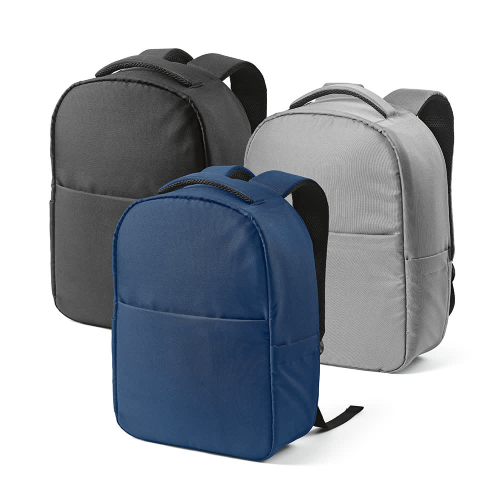 A set of three backpacks in black, grey, and navy blue, featuring a front pocket and a logo.