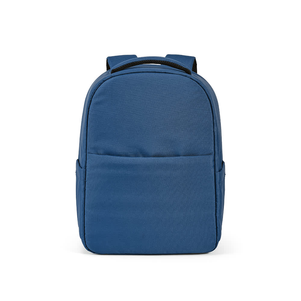 A blue backpack made from recycled materials, featuring a front pocket and designed to fit a 17" laptop.