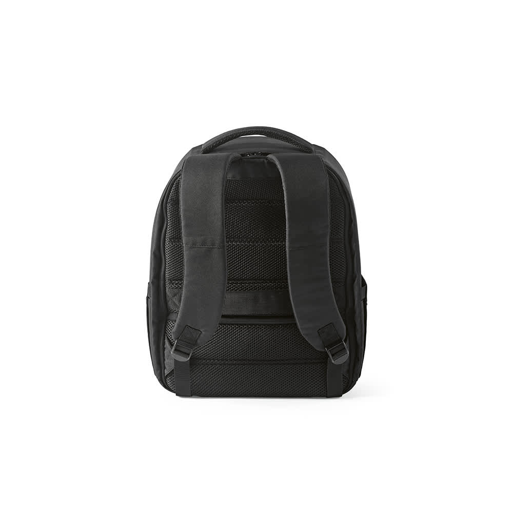 A black backpack with padded straps and a textured back panel, featuring a logo. Fits a 17" laptop.
