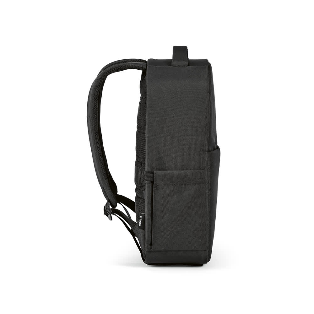 A black backpack with a front pocket, designed to fit a 17" laptop, featuring adjustable straps and a branding logo.