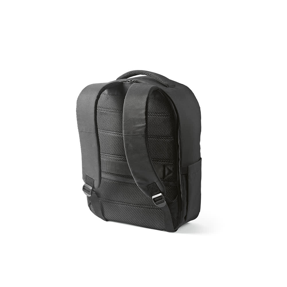 A black backpack with a textured surface and padded straps, featuring a front pocket and a branded logo.