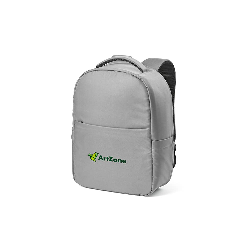 A grey backpack with a front pocket, designed to fit a 17" laptop and featuring a logo.