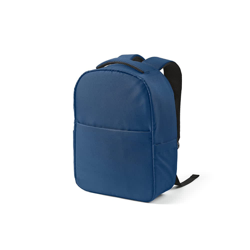A blue backpack with a front pocket, designed to fit a 17" laptop, featuring adjustable straps and branding.
