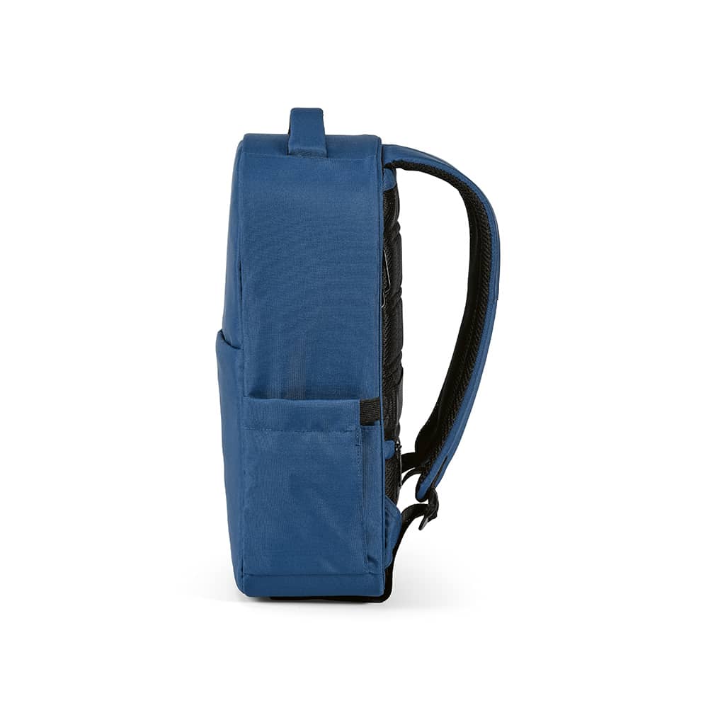 A blue backpack with a front pocket, designed to fit a 17" laptop, featuring a logo and adjustable straps.