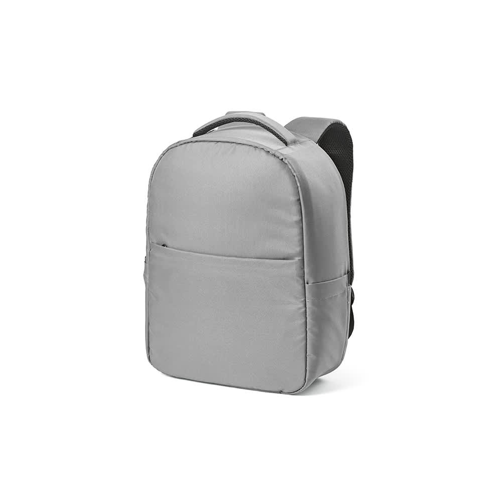 A grey backpack with a front pocket, designed to fit a 17-inch laptop, features padded straps and a logo.