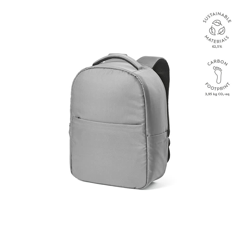 A grey backpack with a front pocket, designed to fit a 17" laptop, featuring sustainable materials and a logo.