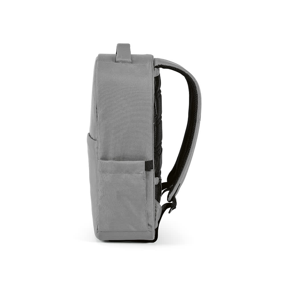 A grey backpack with a front pocket, designed to fit a 17" laptop, featuring padded shoulder straps and a logo.