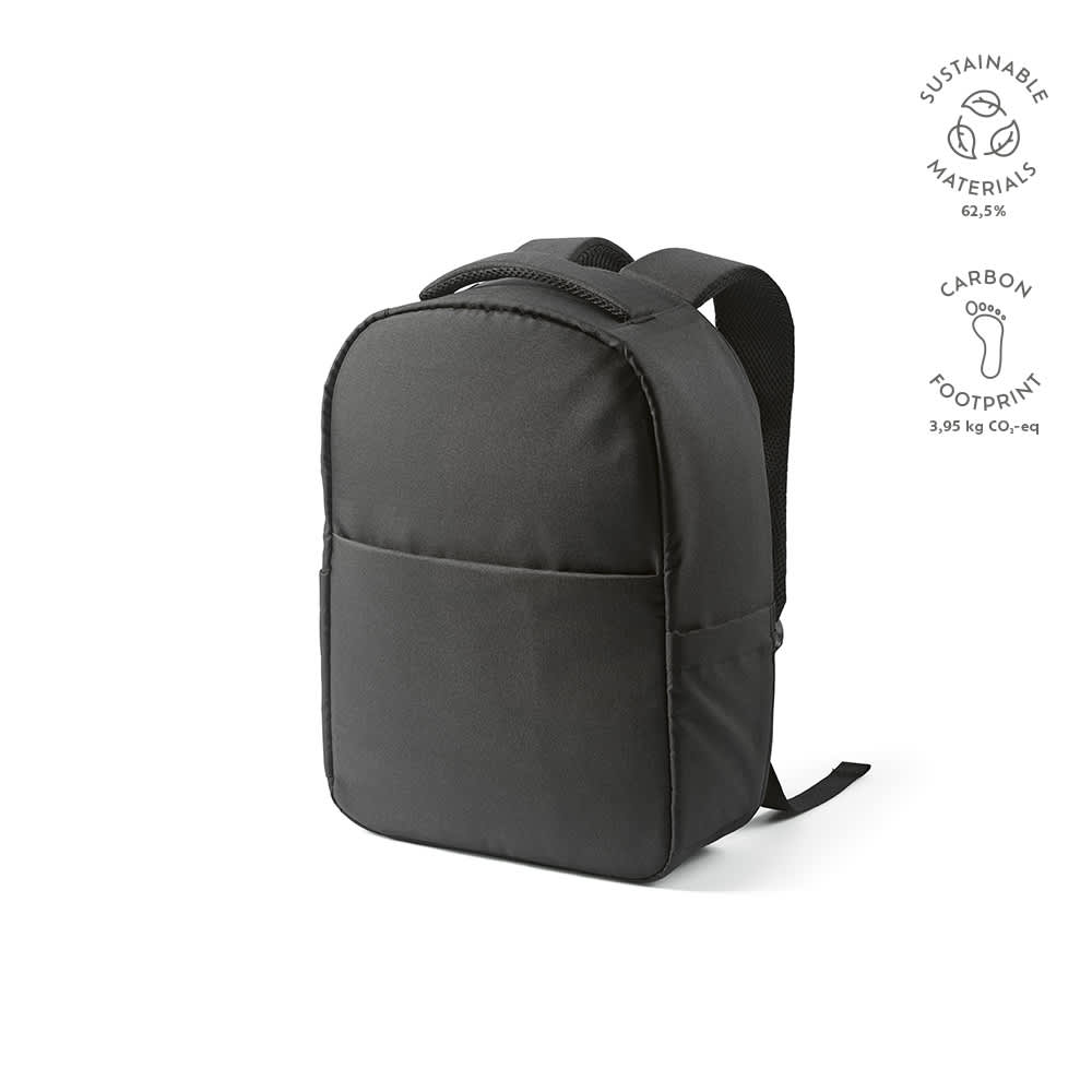 A black backpack with a front pocket, designed for a 17" laptop, made from sustainable materials, with a logo.