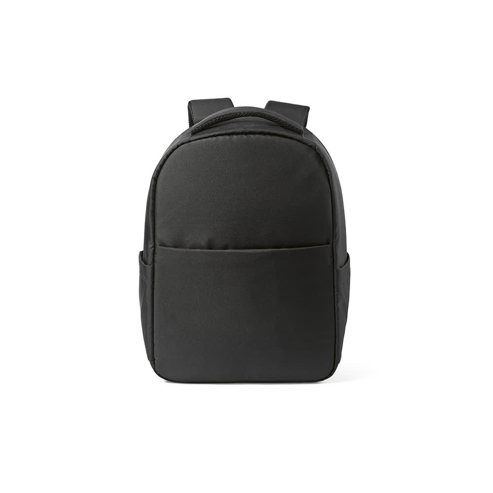 A black backpack with a front pocket, designed to fit a 17" laptop, featuring two shoulder straps and a logo.