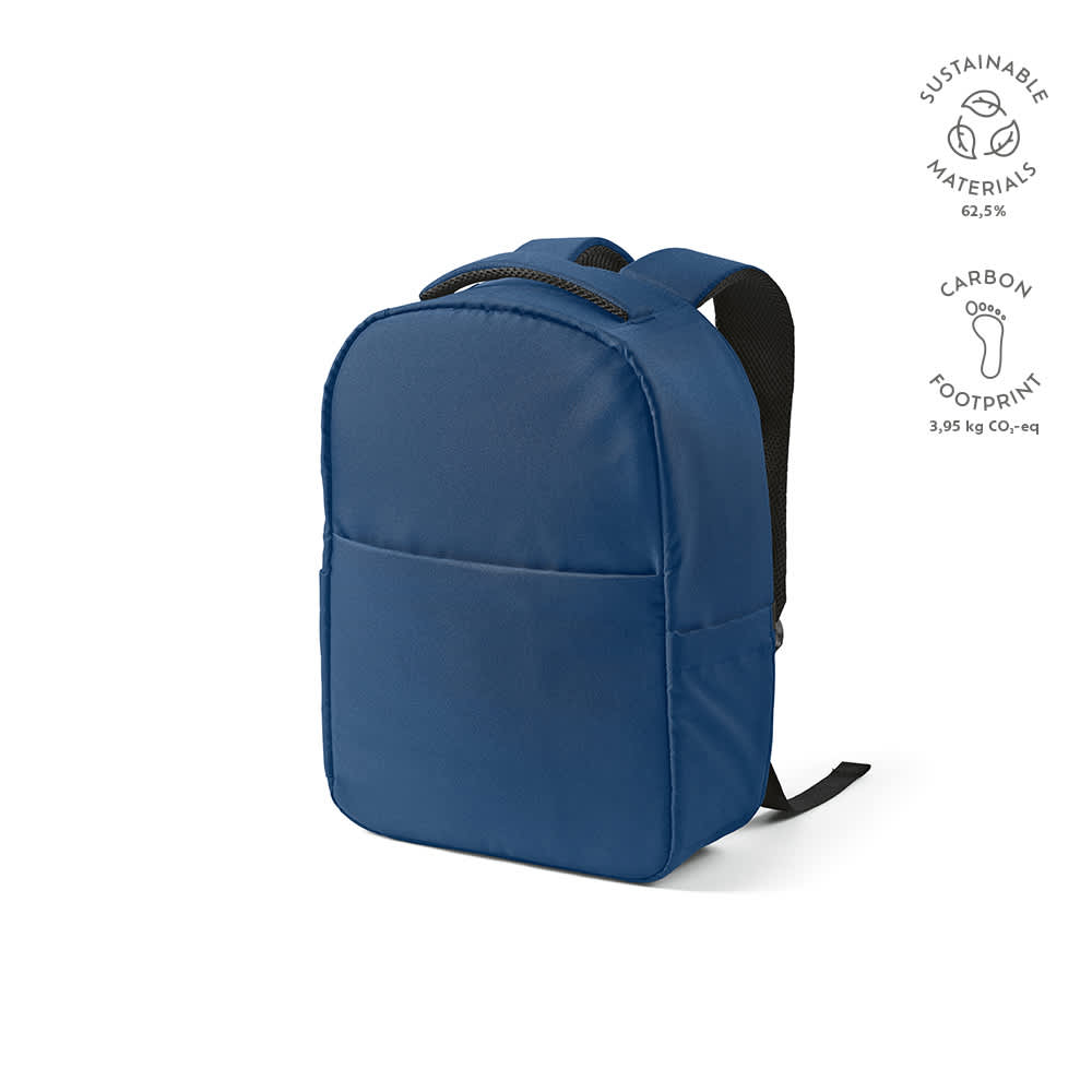 A navy blue backpack with a front pocket, designed to fit a 17" laptop, featuring sustainable materials and a logo.