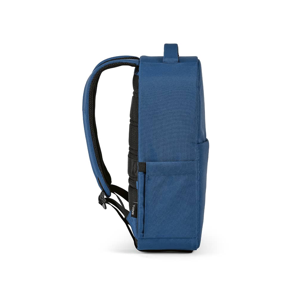 A blue backpack with a front pocket, designed to fit a 17" laptop, featuring padded straps and a logo.