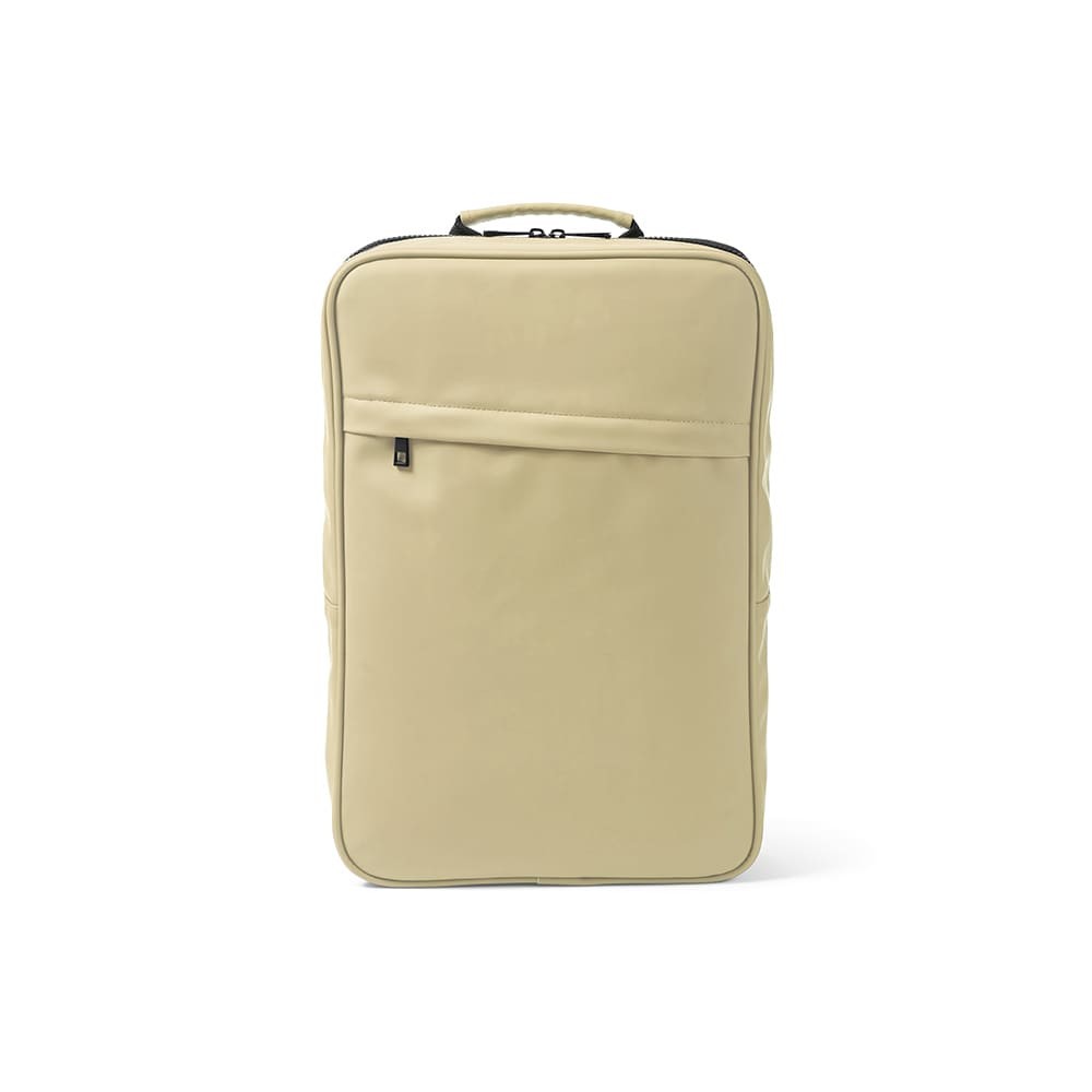 A beige backpack featuring a front pocket, suitable for a 17" laptop, and includes a logo.