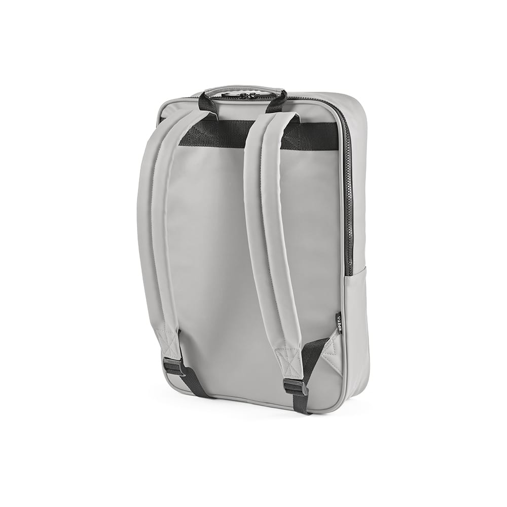 A grey backpack with adjustable straps, featuring a zip closure and a side pocket, has a logo on it.