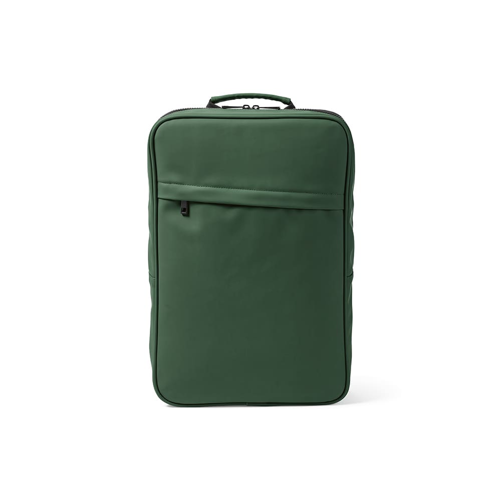 A green backpack with a sleek design, featuring a front pocket and a handle on top. It has a logo.