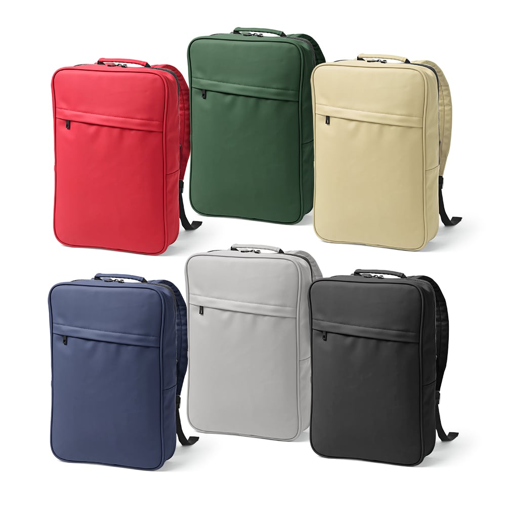 A collection of six backpacks in red, green, beige, navy, grey, and black, featuring a front pocket and a logo.