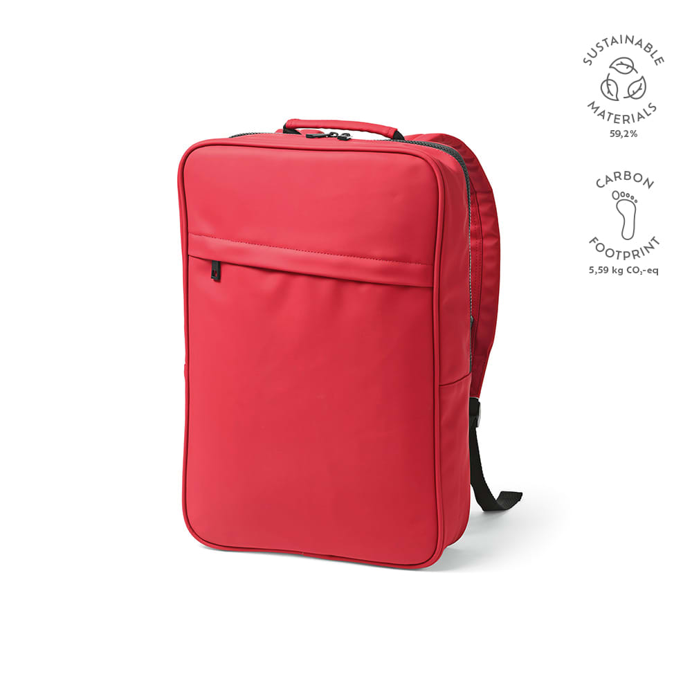 A red backpack with a sleek design, featuring a front pocket and shoulder straps, made from sustainable materials.