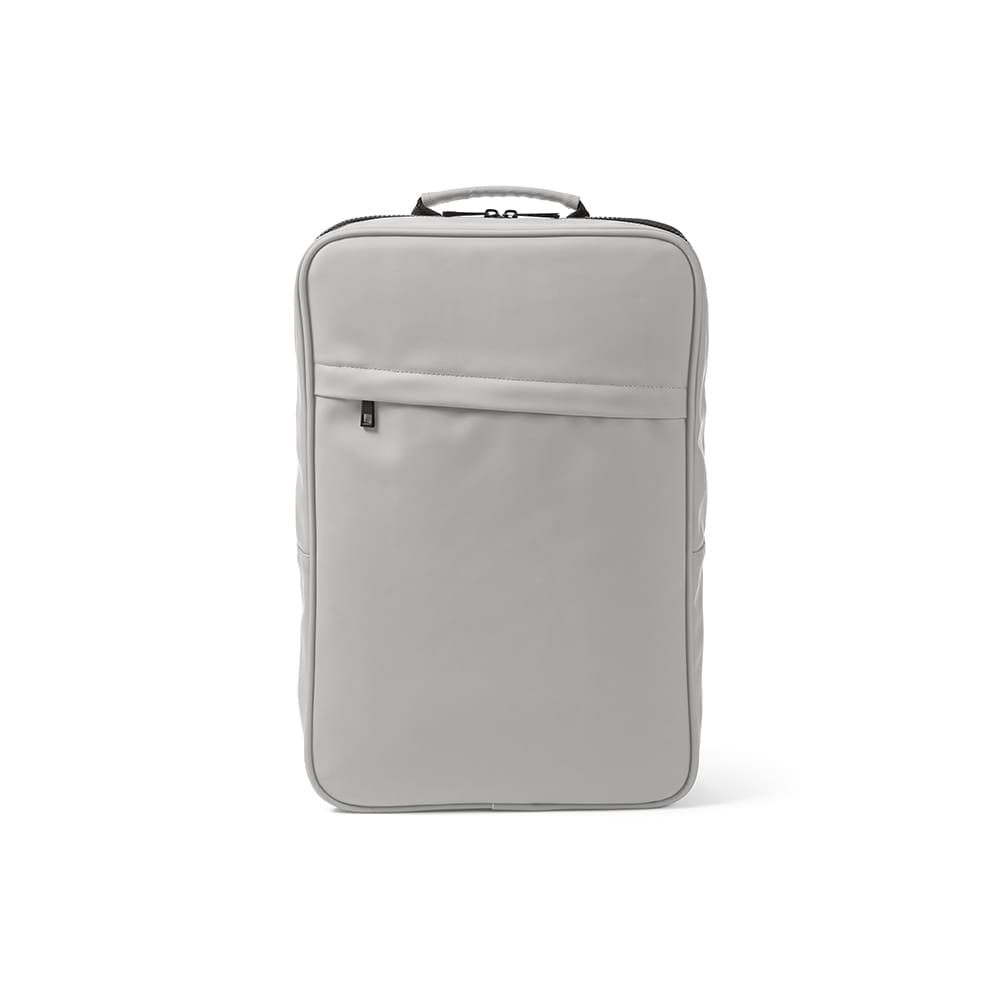 A grey backpack with a sleek design, featuring a front pocket and a logo. Fits a 17" laptop and has a comfortable handle.