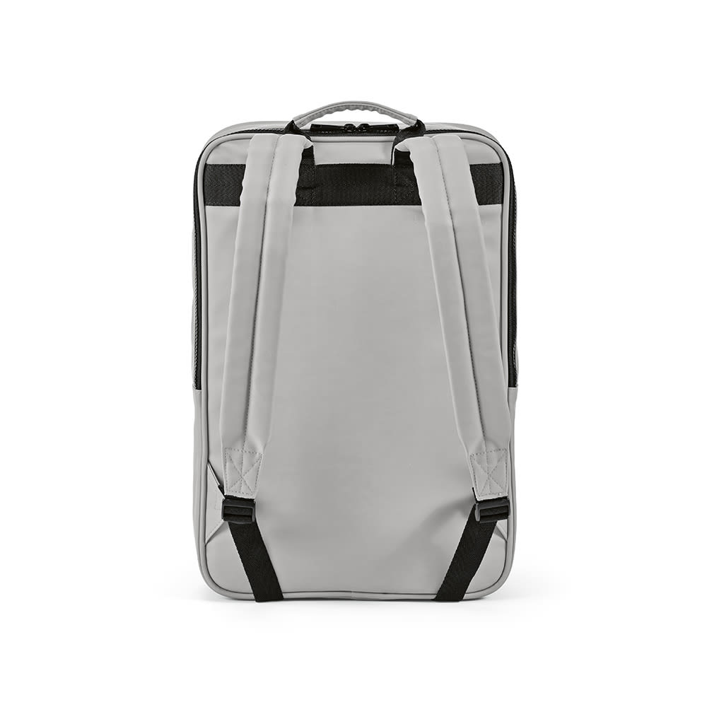 A grey backpack with adjustable straps and a top handle, featuring a logo on the exterior.