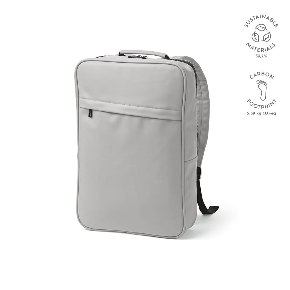 A grey backpack made from sustainable materials, featuring a zippered closure and a front pocket. Includes a branding logo.