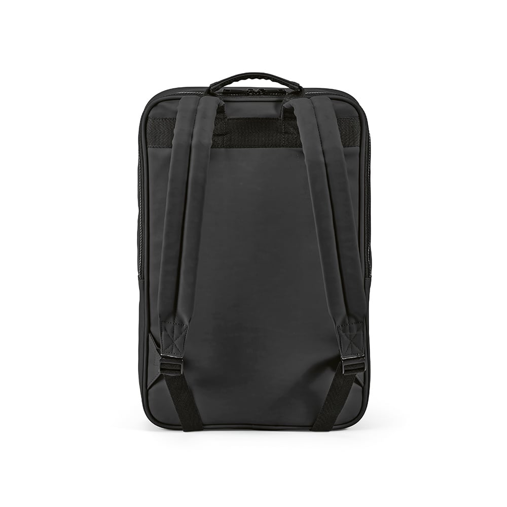A black backpack with adjustable straps, designed to fit a 17" laptop. Features a logo on the front.